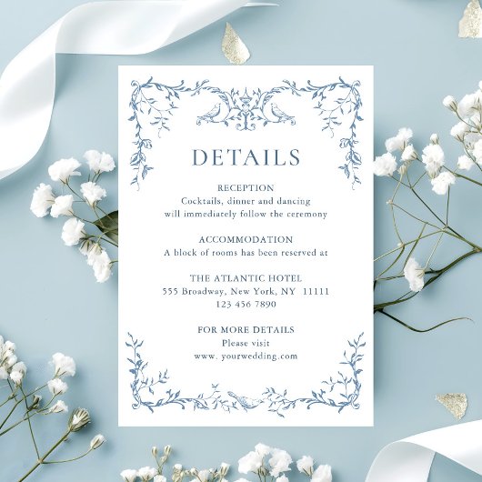 Victoriaans  Blauwe Bloemen Trouwdetails Informatiekaartje