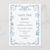 Victoriaans Blauwe Bloemen Trouwen Save the Date Briefkaart (Voorkant)