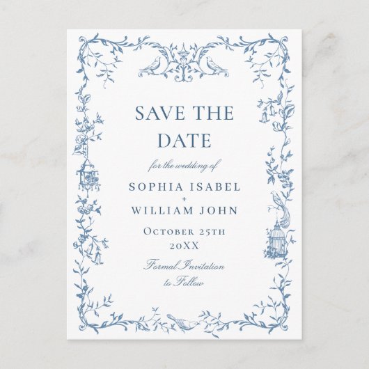 Victoriaans Blauwe Bloemen Trouwen Save the Date Briefkaart (Voorkant)