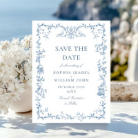 Victoriaans Blauwe Bloemen Trouwen Save the Date