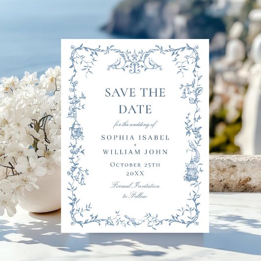 Victoriaans Blauwe Bloemen Trouwen Save the Date Briefkaart