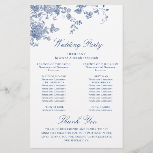Victoriaans Blauwe Bloemen Wedding Ceremony Progra (Achterkant)