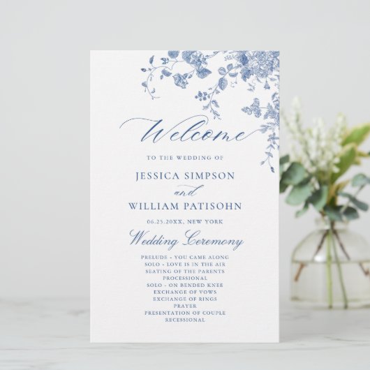 Victoriaans Blauwe Bloemen Wedding Ceremony Progra (Staand voorkant)