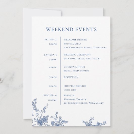 Victoriaans Blauwe Bloemen Wedding WEEKEND EVENEME Kaart (Achterkant)