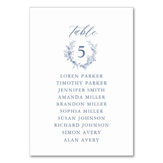 Victoriaans blauwe bloemstuk bruiloft zitplaatsenk kaart (Voorkant)