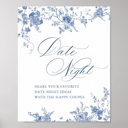 Victoriaans Blauwe Franse Bloemen Datum Nacht Idee Poster (Voorkant)