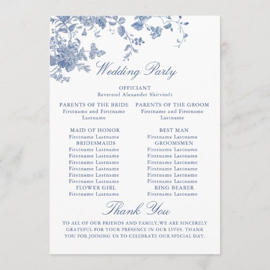 Victoriaans Blauwe Franse Bloemen Huwelijksceremon Programmakaart (Achterkant)