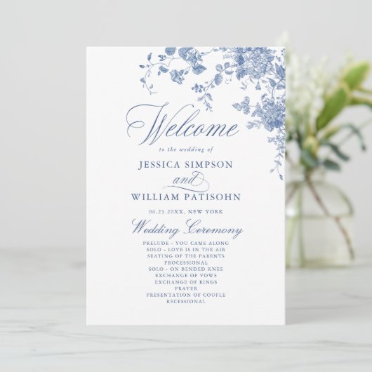 Victoriaans Blauwe Franse Bloemen Huwelijksceremon Programmakaart (Staand voorkant)