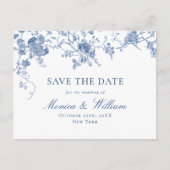 Victoriaans Blauwe Franse Floral Wedding Save the  Briefkaart (Voorkant)
