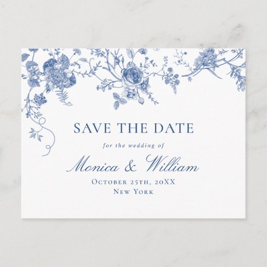 Victoriaans Blauwe Franse Floral Wedding Save the  Briefkaart (Voorkant)