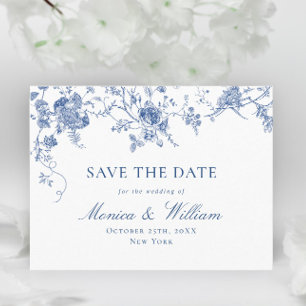 Victoriaans Blauwe Franse Floral Wedding Save the  Briefkaart