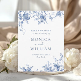 Victoriaans Blauwe Franse Floral Wedding Save the Briefkaart