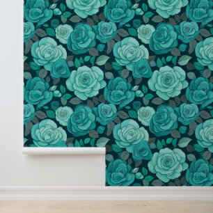  Victoriaans Blauwgroen Floral Klimmen Rozen Behang