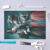 Victoriaans Blauwgroen roze pak jurk paarden decou Tissuepapier (Craft)