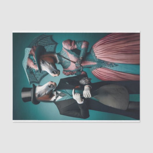 Victoriaans Blauwgroen roze pak jurk paarden decou Tissuepapier (Voorkant)