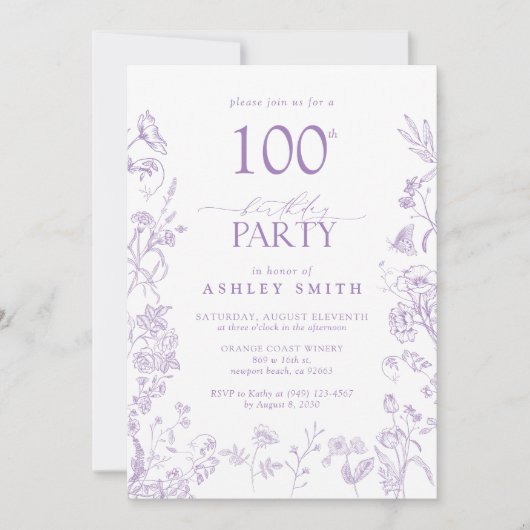 Victoriaans Bloemen 100e Verjaardagsfeestje Lavend Kaart (Voorkant)