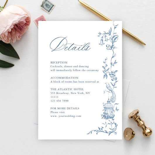 Victoriaans  Bloemen Blauw bruiloft Details Informatiekaartje