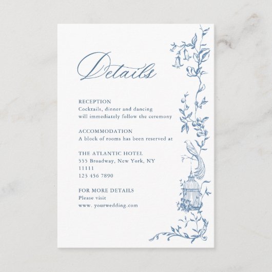 Victoriaans  Bloemen Blauw bruiloft Details Informatiekaartje (Voorkant)