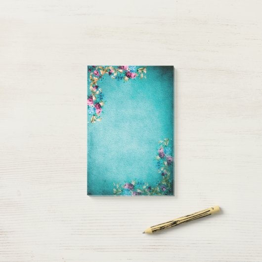 Victoriaans bloemen bloemen blauwgroen roze elegan post-it® notes (Op bureau)
