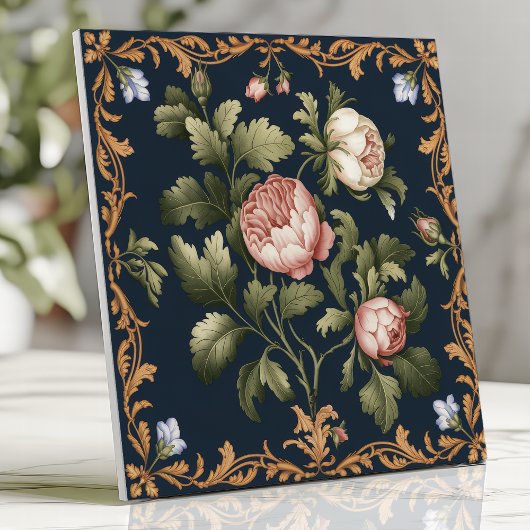  Victoriaans Bloemen Damask Peonies Navy Blue Tegeltje