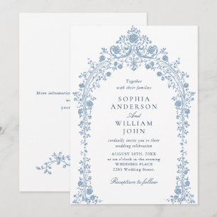 Victoriaans Bloemen Dusty Blue Sketch Weddin Kaart