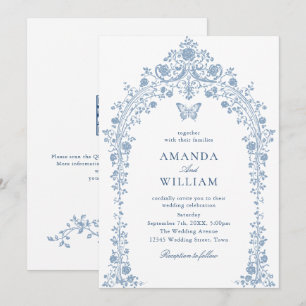 Victoriaans Bloemen Dusty Blue Sketch Wedding Kaart