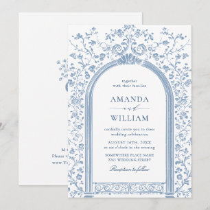  Victoriaans Bloemen Dusty Blue Sketch Wedding Kaart