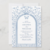 Victoriaans Bloemen Dusty Blue Sketch Wedding Kaart (Voorkant)