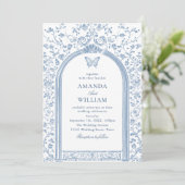 Victoriaans Bloemen Dusty Blue Sketch Wedding Kaart (Staand voorkant)