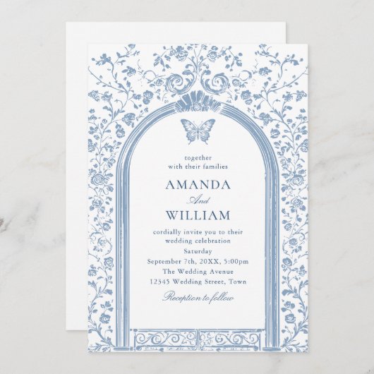 Victoriaans Bloemen Dusty Blue Sketch Wedding Kaart (Voorkant / Achterkant)