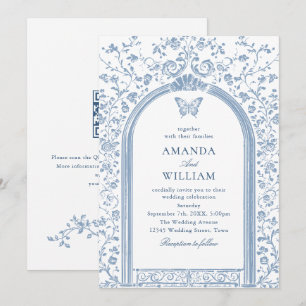 Victoriaans Bloemen Dusty Blue Sketch Wedding Kaart