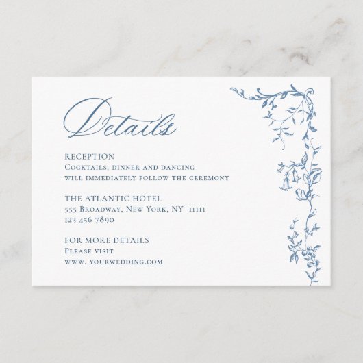 Victoriaans  Bloemen Dusty Blue Wedding Details Informatiekaartje (Voorkant)