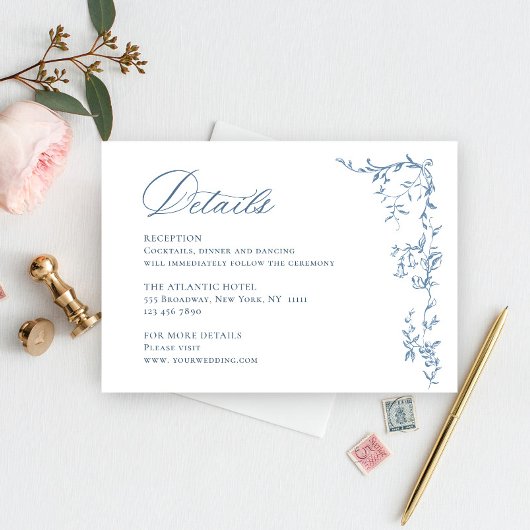 Victoriaans  Bloemen Dusty Blue Wedding Details Informatiekaartje