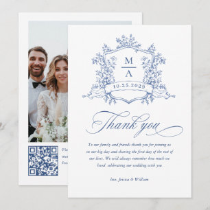 Victoriaans  Bloemen Dusty Blue Wedding QR-code Bedankkaart