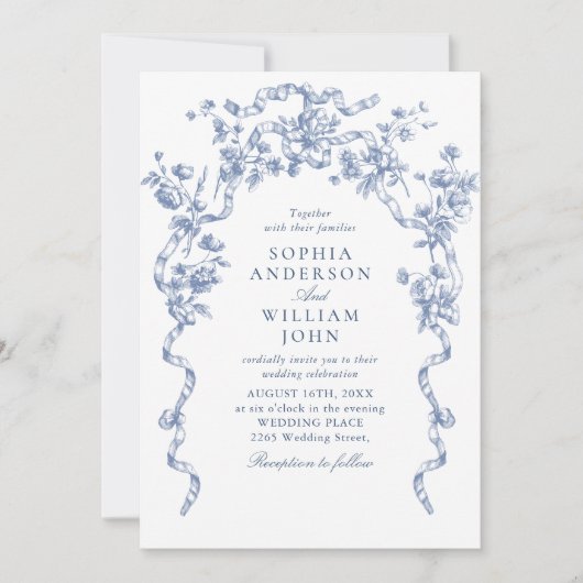 Victoriaans  Bloemen Dusty Blue Wedding QR-code Kaart (Voorkant)