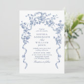 Victoriaans  Bloemen Dusty Blue Wedding QR-code Kaart (Staand voorkant)