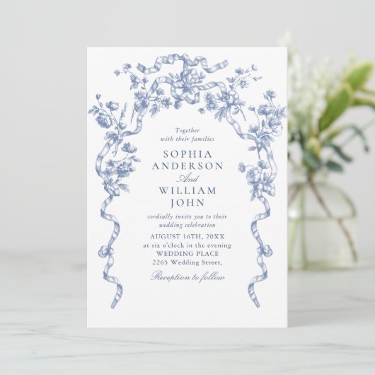 Victoriaans  Bloemen Dusty Blue Wedding QR-code Kaart (Staand voorkant)