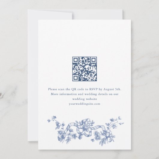 Victoriaans  Bloemen Dusty Blue Wedding QR-code Kaart (Achterkant)