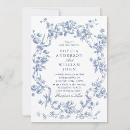 Victoriaans  Bloemen Dusty Blue Wedding QR-code Kaart