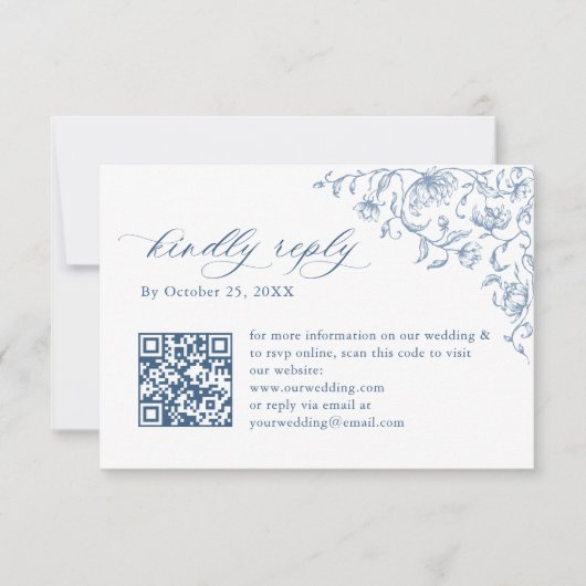 Victoriaans  Bloemen Dusty Blue Wedding QR-code RSVP Kaartje (Voorkant)