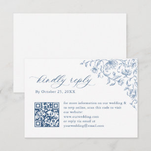 Victoriaans Bloemen Dusty Blue Wedding QR-code RSVP Kaartje