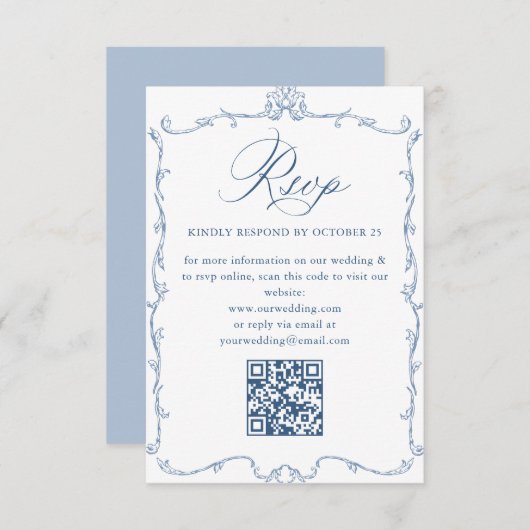Victoriaans  Bloemen Dusty Blue Wedding QR-code RSVP Kaartje (Voorkant / Achterkant)