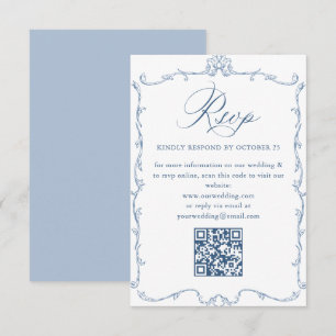 Victoriaans  Bloemen Dusty Blue Wedding QR-code RSVP Kaartje