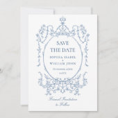 Victoriaans Bloemen Dusty Blue Wedding QR-code Save The Date (Voorkant)