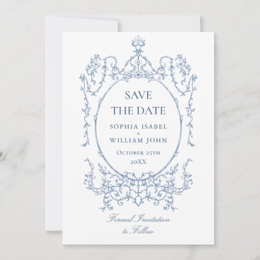 Victoriaans  Bloemen Dusty Blue Wedding QR-code Save The Date (Voorkant)