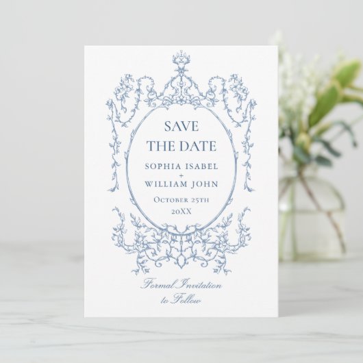 Victoriaans Bloemen Dusty Blue Wedding QR-code Save The Date (Staand voorkant)