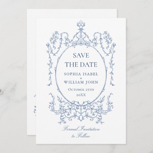 Victoriaans Bloemen Dusty Blue Wedding QR-code Save The Date (Voorkant / Achterkant)