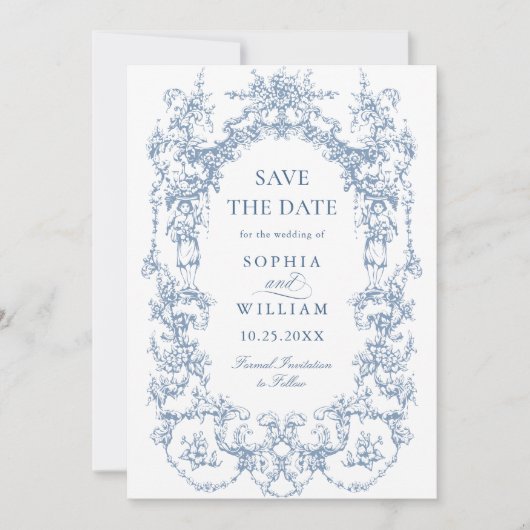 Victoriaans Bloemen Dusty Blue Wedding QR-code Save The Date (Voorkant)