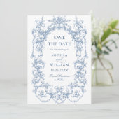 Victoriaans Bloemen Dusty Blue Wedding QR-code Save The Date (Staand voorkant)