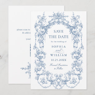 Victoriaans  Bloemen Dusty Blue Wedding QR-code Save The Date